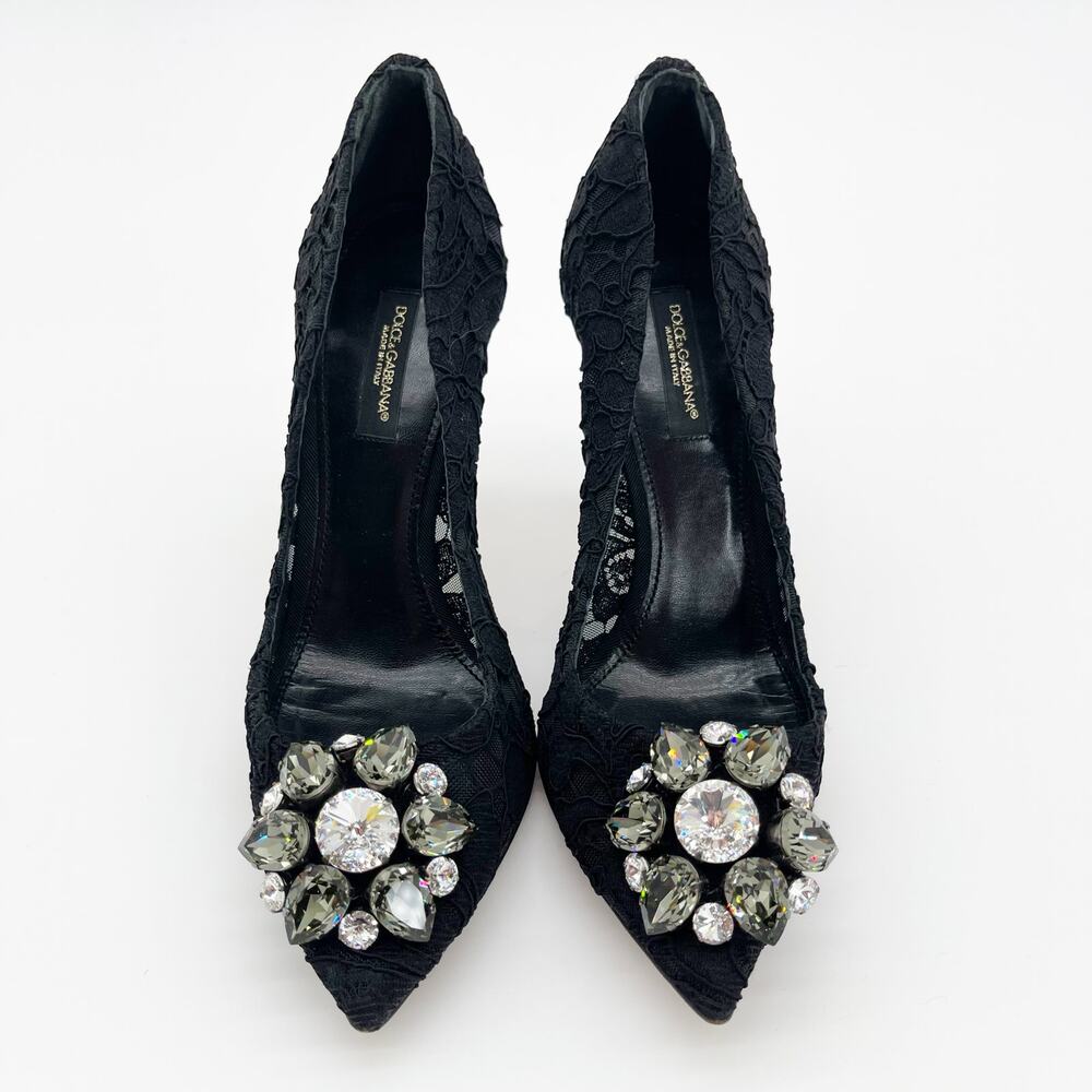Dolce & Gabbana Bellucci Black Lace Crystal Brooch Pointed Toe Pumps Heels IT 36 - Picture 5 of 10